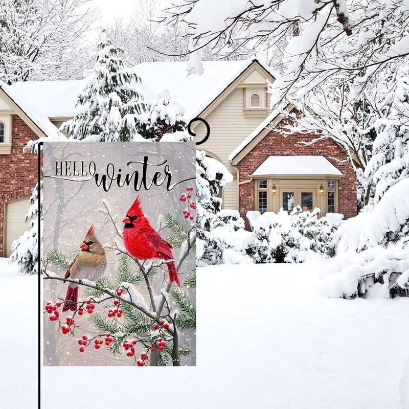 BLKWHT Winter Cardinal Bird Garden Flag 12x18 Vertical Double Sided Farmhouse Trees Snow Christmas Holiday Outside Decorations Burlap Yard Flag BW233 - Image 1